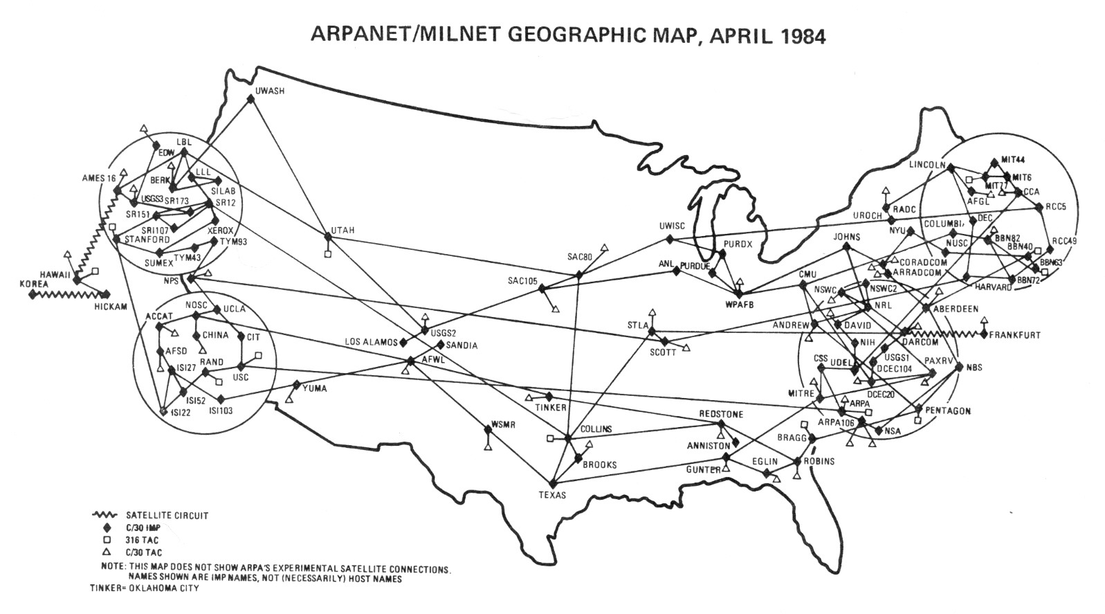 Carte géographique d&rsquo;ARPANET/MILNET en Avril 1984
